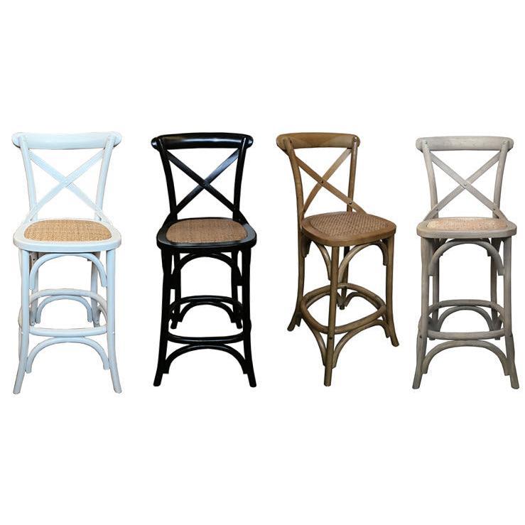 MELROSE CROSS BACK BAR STOOL WITH RATTAN SEAT IN BLACK - 65CM SEAT HEIGHT - MyChocolateWood