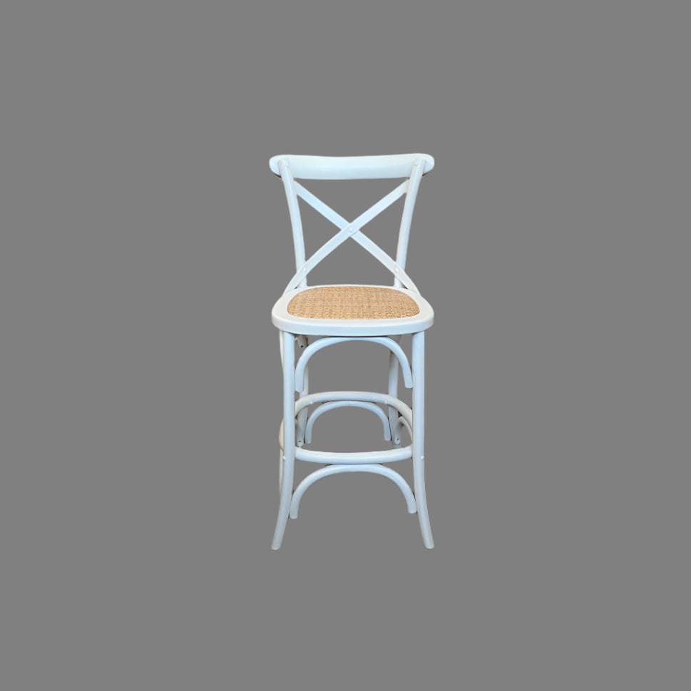 MELROSE CROSS BACK BAR STOOL WITH RATTAN SEAT WHITE - 76CM SEAT HEIGHT - MyChocolateWood