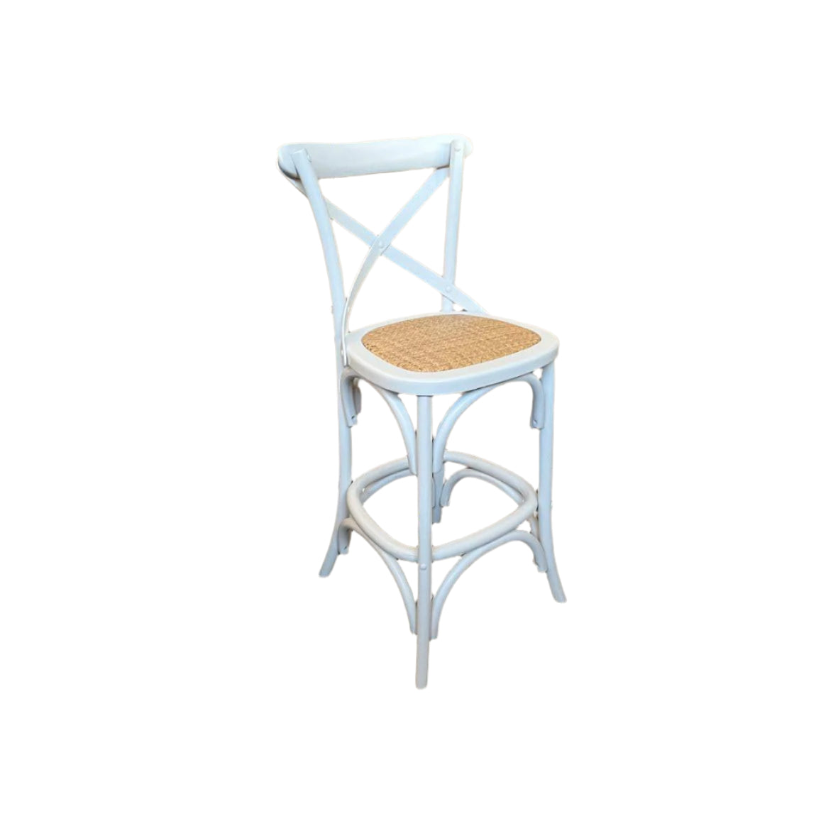 MELROSE CROSS BACK BAR STOOL WITH RATTAN SEAT IN WHITE - 65CM SEAT HEIGHT - MyChocolateWood