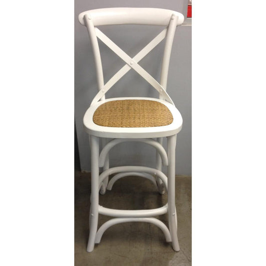 MELROSE CROSS BACK BAR STOOL WITH RATTAN SEAT IN WHITE - 65CM SEAT HEIGHT - MyChocolateWood