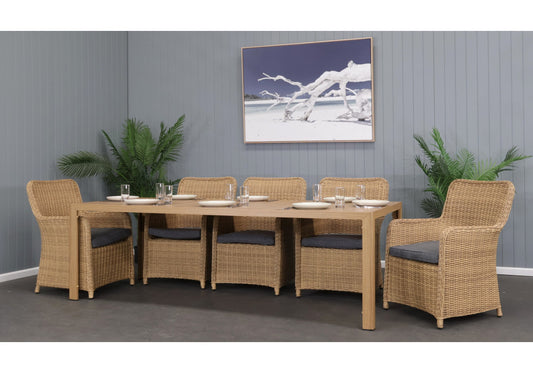 CAPELL 2400 9-PIECE OUTDOOR DINING SUITE WICKER ON ALUMINIUM FRAME TEAK LOOK CHARCOAL