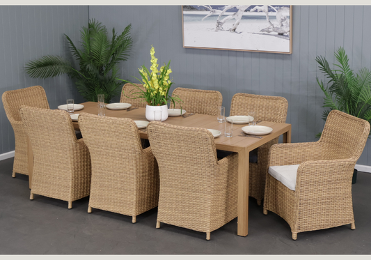 CAPELL 2400 9-PIECE OUTDOOR DINING SUITE WICKER ON ALUMINIUM FRAME TEAK LOOK NATURAL