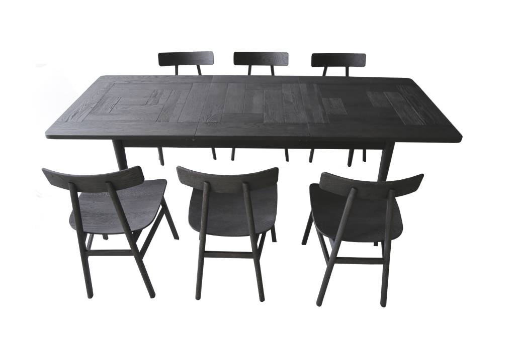 MEDRANO OAK 7 PIECE DINING SET SANDBLASTED BLACK EXTENSION DINING TABLE 170/230CM + 6 MEDRANO TIMBER SEAT DINING CHAIRS