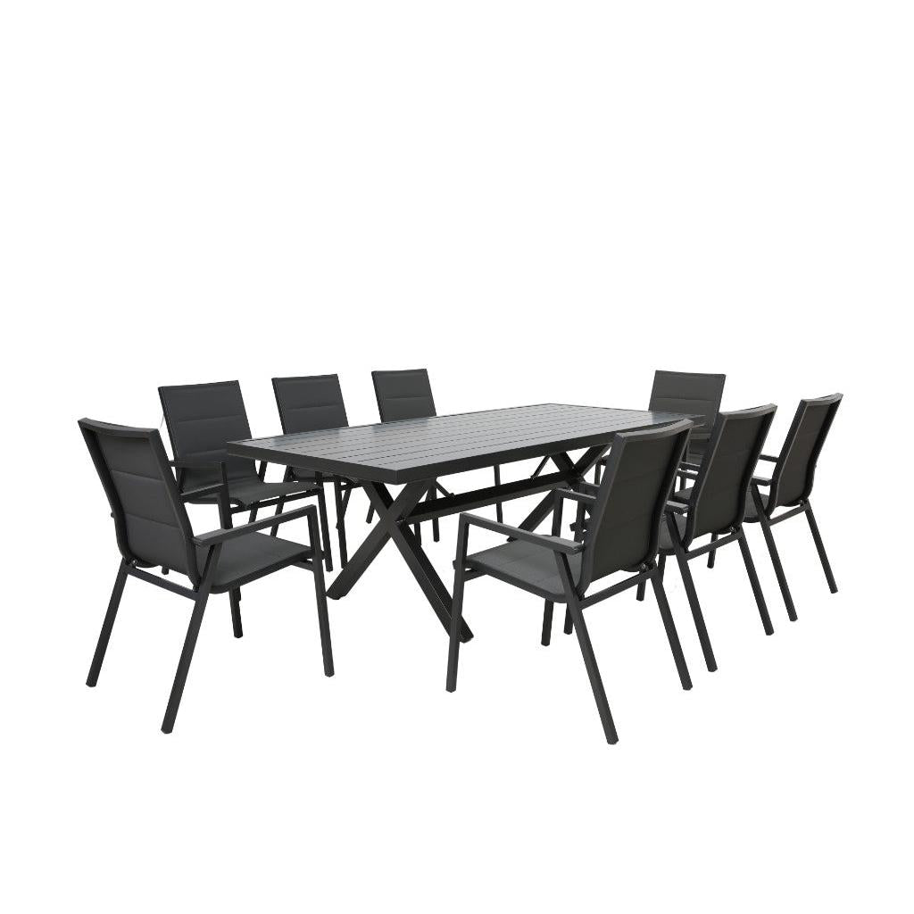 GRECO 9 PIECE OUTDOOR DINING SETTING ALUMINIUM BLACK & CHARCOAL 220CM