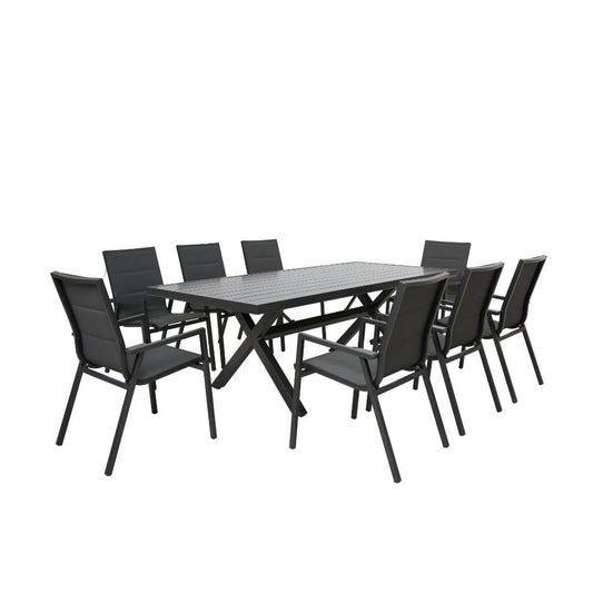GRECO 9 PIECE OUTDOOR DINING SETTING ALUMINIUM BLACK & CHARCOAL 220CM