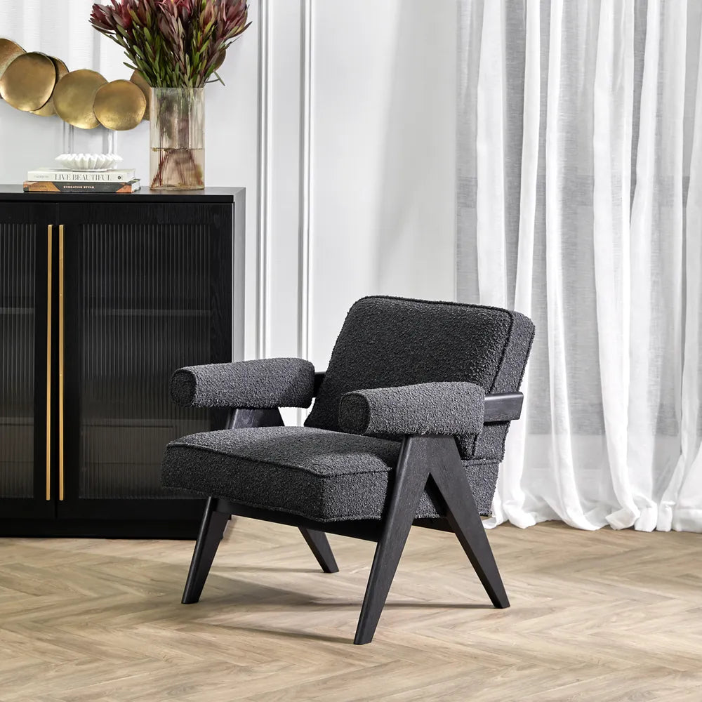 LAYTON BLACK ONYX BOUCLE ARMCHAIR/BLACK PAINTED WOOD FRAME