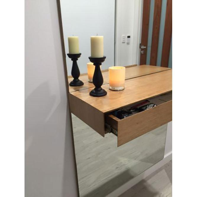 TOMSEN WALL HUNG MIRROR WITH SHELF/DRAWER TASSI OAK HARDWOOD TIMBER