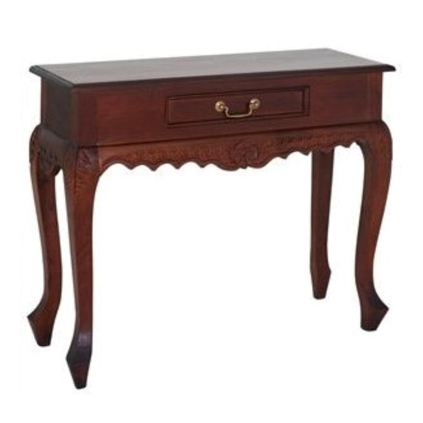 GABRIELLE QUEEN ANN CARVED SOLID MAHOGANY 1 DRAW 90CM CONSOLE TABLE IN MAHOGANY