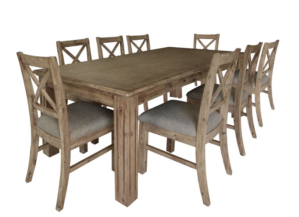 DEVONSHIRE ACACIA TIMBER 9 PIECE DINING SET -1 DINING TABLE  210CM & 8 DEVONSHIRE DINING CHAIRS BRUSHED KHAKI