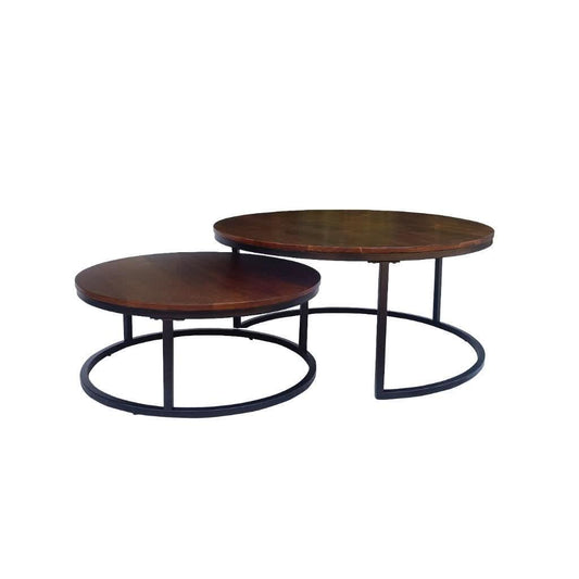 CABOT SET OF 2 COFFEE TABLES  MANGO WOOD WALNUT COLOURED TOPS WITH BLACK METAL LEGS