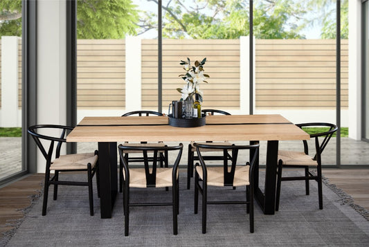 AXWYN  SOLID RUBBERWOOD DINING TABLE NATURAL/BLACK 200CM WITH 6 ARC BLACK/NATURAL DINING CHAIRS