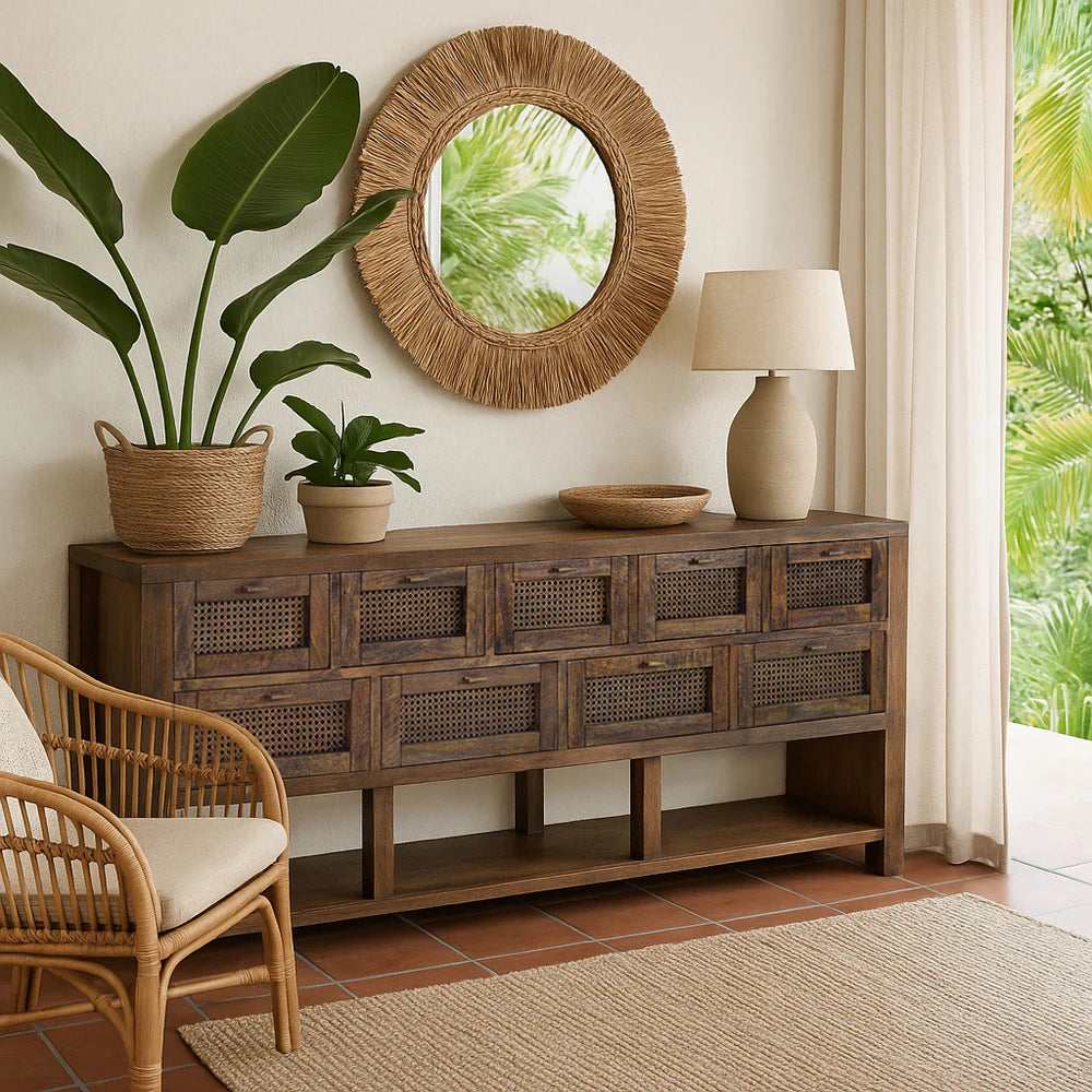 ELDRIDGE SOLID MINDI WOOD BUFFET 9 DRAWERS SIDEBOARD IN HONEY BROWN 180CM