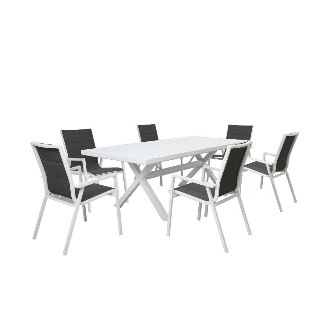 GRECO 7 PIECE OUTDOOR DINING SETTING ALUMINIUM WHITE & CHARCOAL 220CM