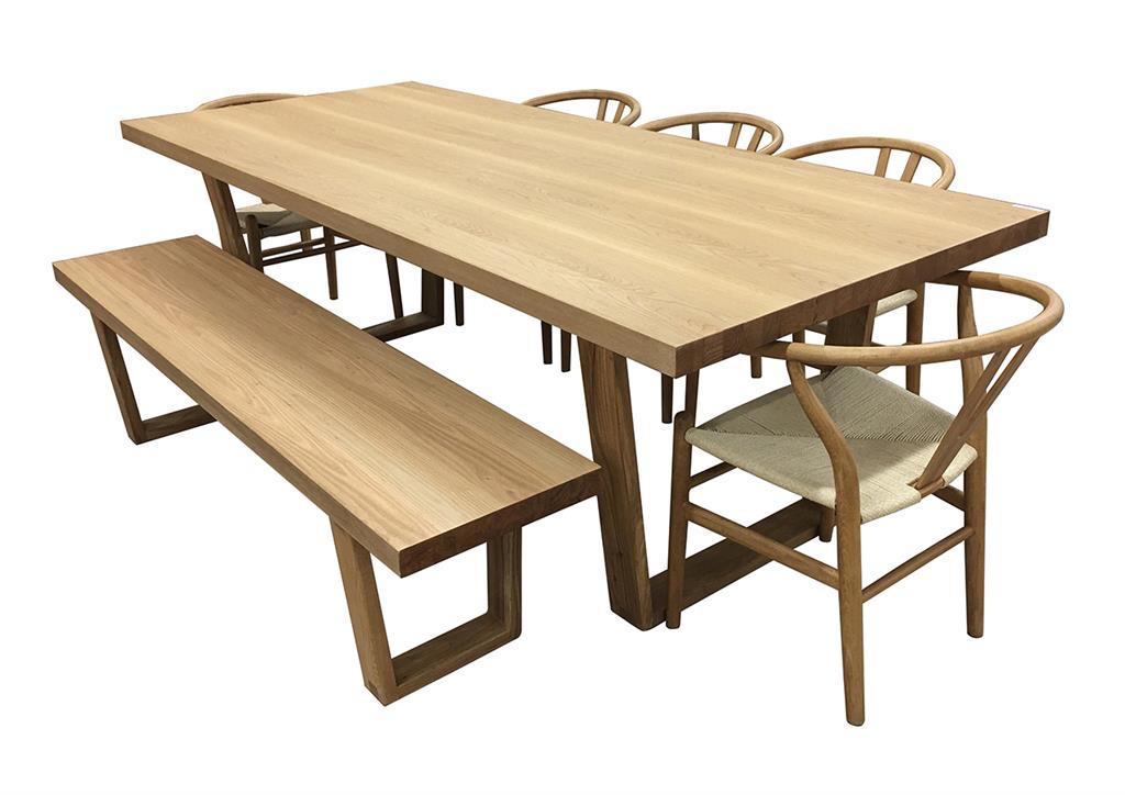 STROUD ELM VENEER TIMBER/MDF 7 PIECE DINING SET: 1 TABLE 240CM, 5 STROUD DINING CHAIRS & 1X190CM BENCH