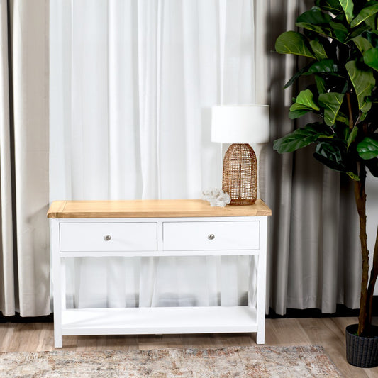 CHRISTA HAMPTON SOLID ACACIA 2-DRAWER CONSOLE TABLE HALL TABLE LIGHT OAK/WHITE
