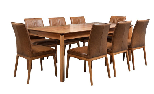 BUNGARRA 9 PIECE MARRI WOOD RECTANGULAR DINING TABLE SET 240CM + 8 BUNGARRA TOFFEE LEATHER DINING CHAIRS