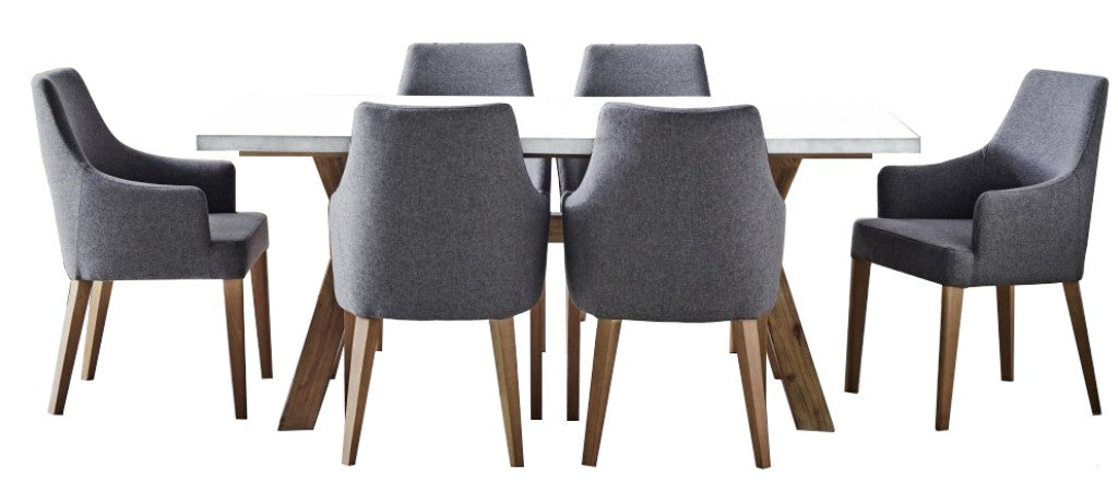 ROSALI 2-TONE WHITE CONCRETE TOP & SOLID ACACIA PEWTER 7 PIECE DINING SET: 1 DINING TABLE 180CM & 6 DINING ARMCHAIRS