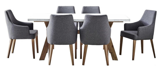 ROSALI 2-TONE WHITE CONCRETE TOP & SOLID ACACIA PEWTER 7 PIECE DINING SET: 1 DINING TABLE 180CM & 6 DINING ARMCHAIRS