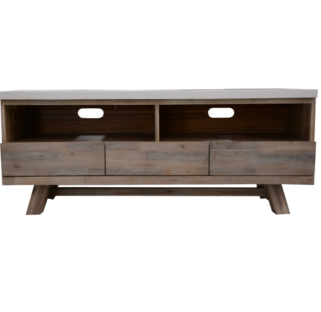 ROSALI 2-TONE WHITE CONCRETE TOP & SOLID ACACIA PEWTER ETU TV UNIT 3 DRAWERS 2 NICHES