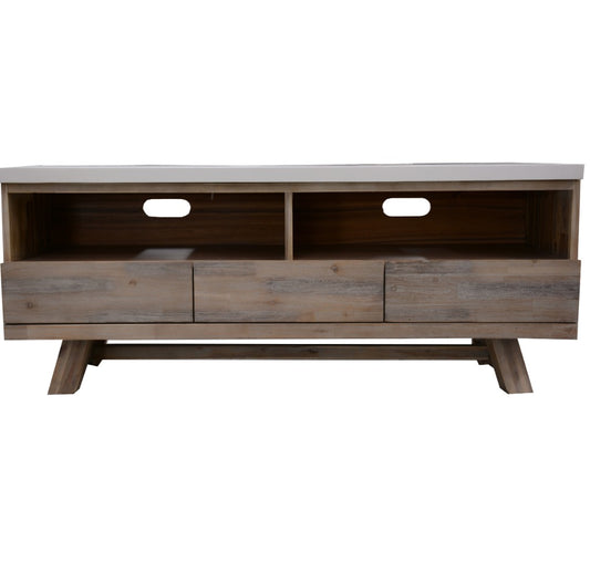 ROSALI 2-TONE WHITE CONCRETE TOP & SOLID ACACIA PEWTER ETU TV UNIT 3 DRAWERS 2 NICHES
