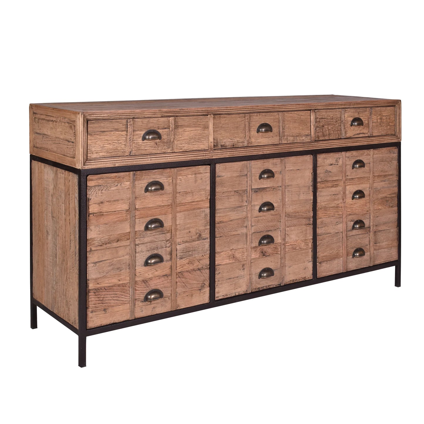 BASIL RECLAIMED OAK & IRON SIDEBOARD BUFFET 3 DRAWERS 3 DOORS LIGHT NATURAL