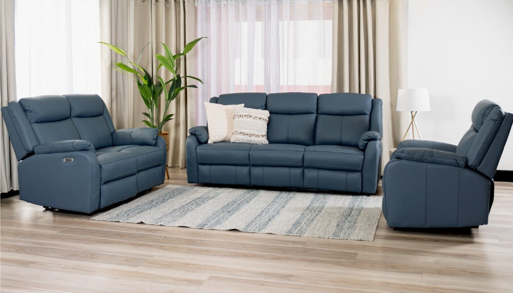 BARRON GENUINE MURANO LEATHER 3-SEATER  2-SEATER + 1 SINGLE RECLINER ARMCHAIR  LOUNGE SUITE MARINE BLUE