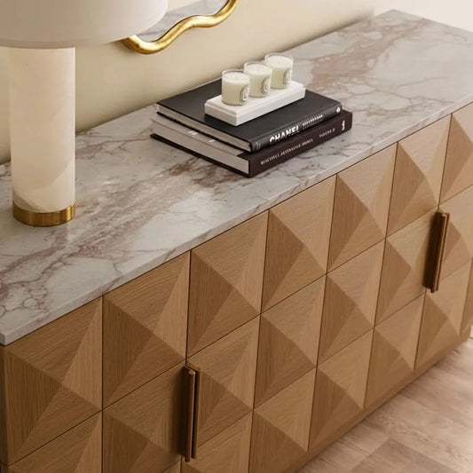 HAMPSHIRE  RIVER BROWN MARBLE/NATURAL OAK 4-DOOR BUFFET/SIDEBOARD