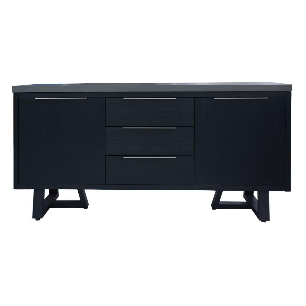 ANTHEA 2-TONE CONCRETE & ACACIA BUFFET SIDEBOARD 3 DRAWERS 2 DOORS GREY TOP BLACK LEGS