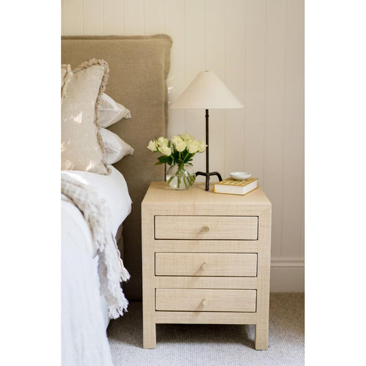 SWANN MAHOGANY FRAME RAFFIA 3 DRAWER BEDSIDE TABLE NIGHTSTAND END TABLE