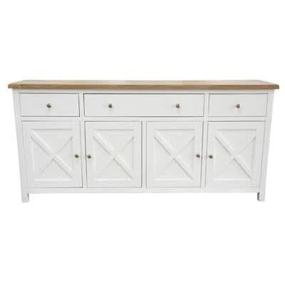 CHRISTA HAMPTON SOLID ACACIA 4-DOOR 3 DRAWER BUFFET SIDEBOARD LIGHT OAK TOP/  WHITE BASE