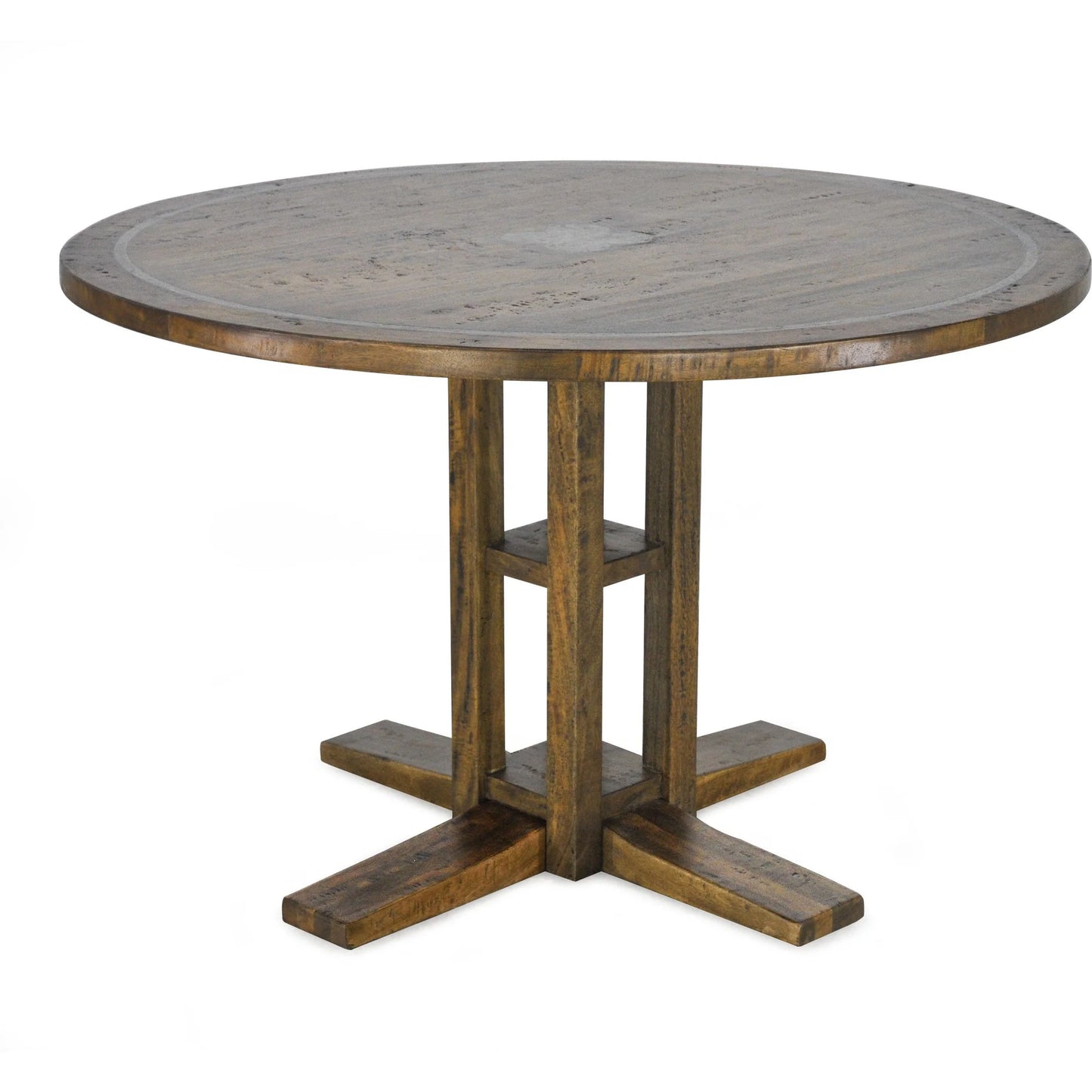 CLOVER ROUND SOLID MANGO WOOD DINING TABLE NIBBLED ALBANY RUSTIC EXTREME COLOUR 120CM 120CM