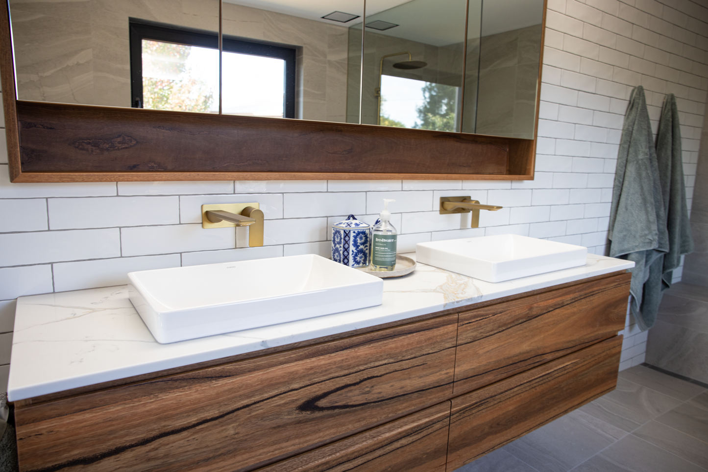 KIMBERLY CUSTOM MADE SOLID SPOTTED GUM VANITY + MIRROR