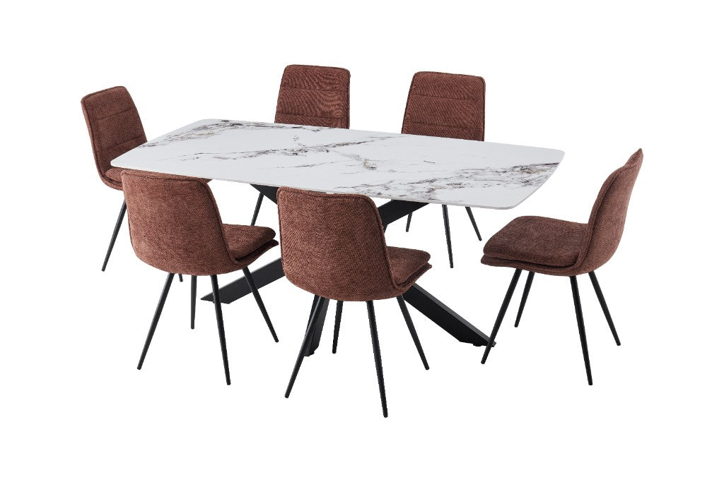 DAKOTAH 7PCE PIECE DINING SET: 1 MARBLE LOOK DINING TABLE 179CM & 6 DAKOTAH RUST DINING CHAIRS