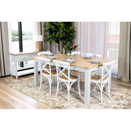 CHRISTA HAMPTON  SOLID ACACIA DINING TABLE WITH 6 WHITE MELROSE CHAIRS 7 PIECE DINING SET