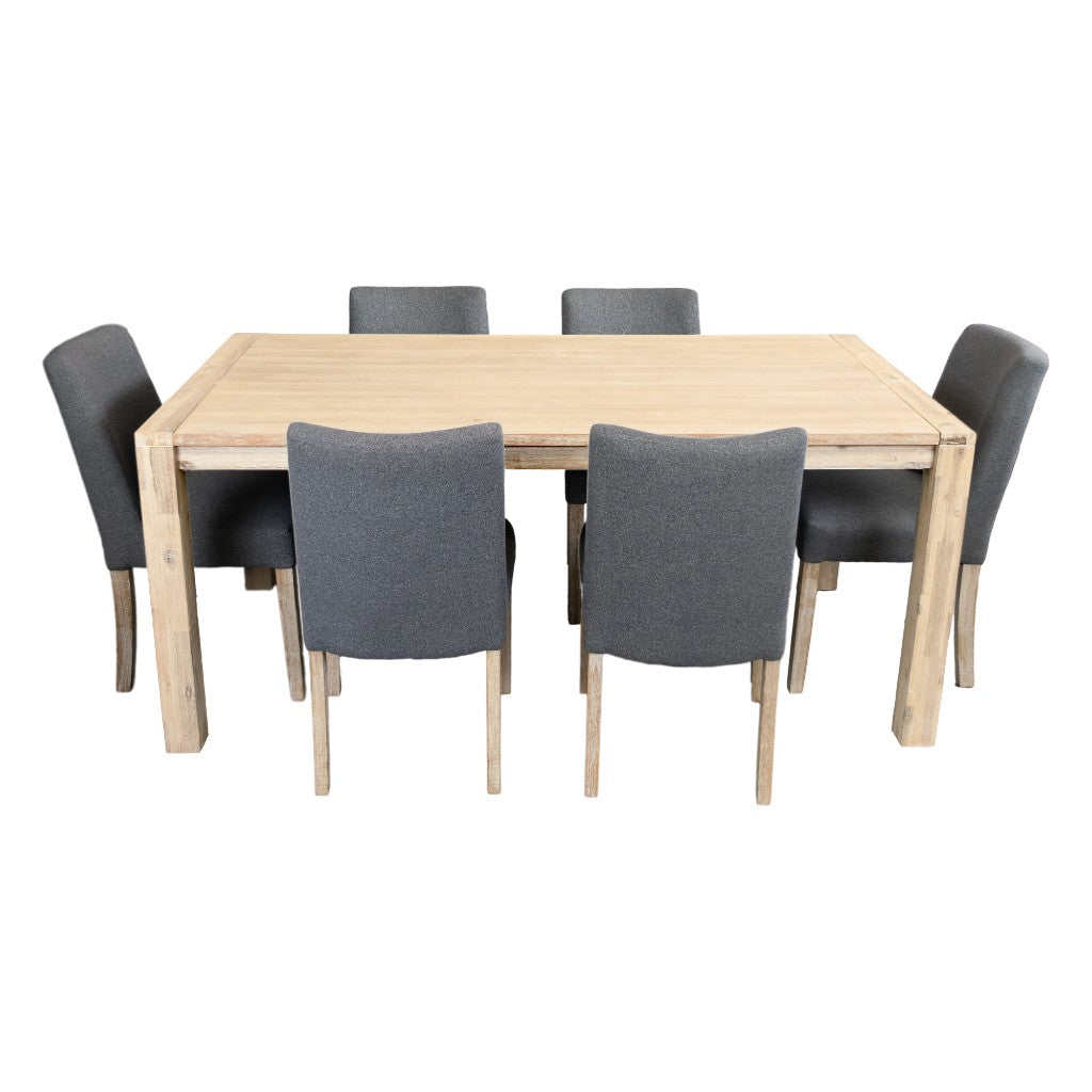 RIPLEY SOLID ACACIA TIMBER  7 PIECE DINING SET BRUSHED SMOKE: 1XTABLE 180CM & 6 RIPLEY DINING CHAIRS