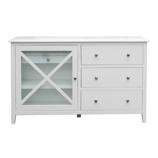 LUGANO HAMPTONS STYLE ACACIA DRESSER 4 DRAWERS/1 GLASS DOOR WHITE