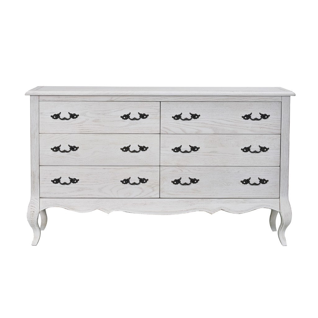 CLARENCE VINTAGE HAND CARVED OAK & VENEER 6 DRAWER DRESSER LIGHTLY DISTRESSED WHITE