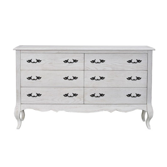 CLARENCE VINTAGE HAND CARVED OAK & VENEER 6 DRAWER DRESSER LIGHTLY DISTRESSED WHITE