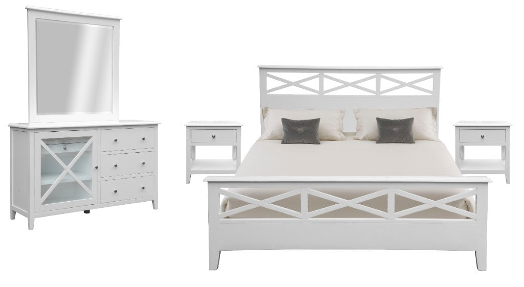 LUGANO HAMPTONS STYLE ACACIA 4 PIECE BEDROOM SUITE: 1 DOUBLE BED 1 DRESSER MIRROR  2 BEDSIDE TABLES