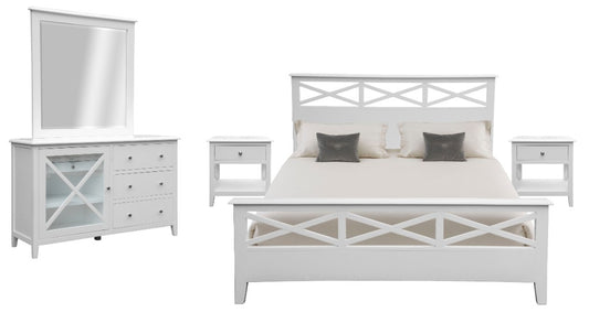 LUGANO HAMPTONS STYLE ACACIA 4 PIECE KING BEDROOM SUITE: 1 KING BED 1 DRESSER MIRROR  2 BEDSIDE TABLES