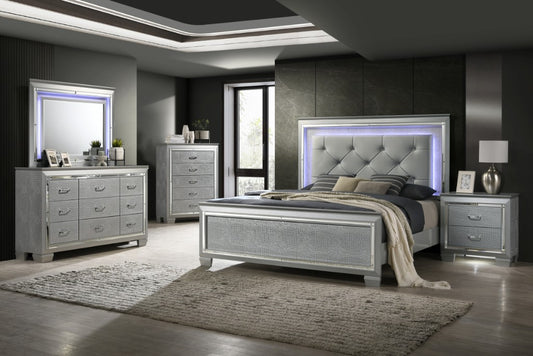ELARA  RUBBERWOOD KING BED WITH LED LIGHT - SILVER