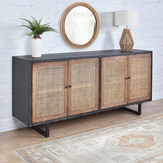 CUMBRIA OAK & RATTAN SANDBLAST 4-DOOR SIDEBOARD/BUFFET  BLACK & NATURAL
