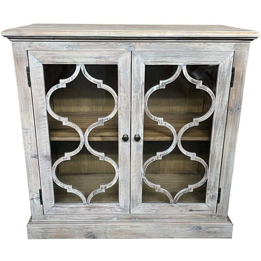 REINA GREYWASHED RECYCLED TIMBER/GLASS PANELS 2-DOOR CABINET CUPBOARD