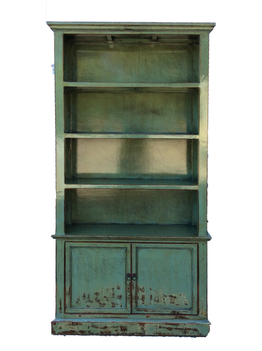 NANYANG H29 CHINESE ANTIQUE RECYCLED  PINE TIMBER BOOKCASE BOOKSHELF 4 SHELVES 2 DOORS DISTRESSED GREEN