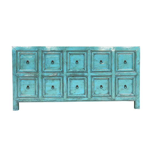 LUZHOU H25 CHINESE ANTIQUE RECYCLED  PINE TIMBER BUFFET/SIDEBOARD 10 DRAWERS TURQUOISE