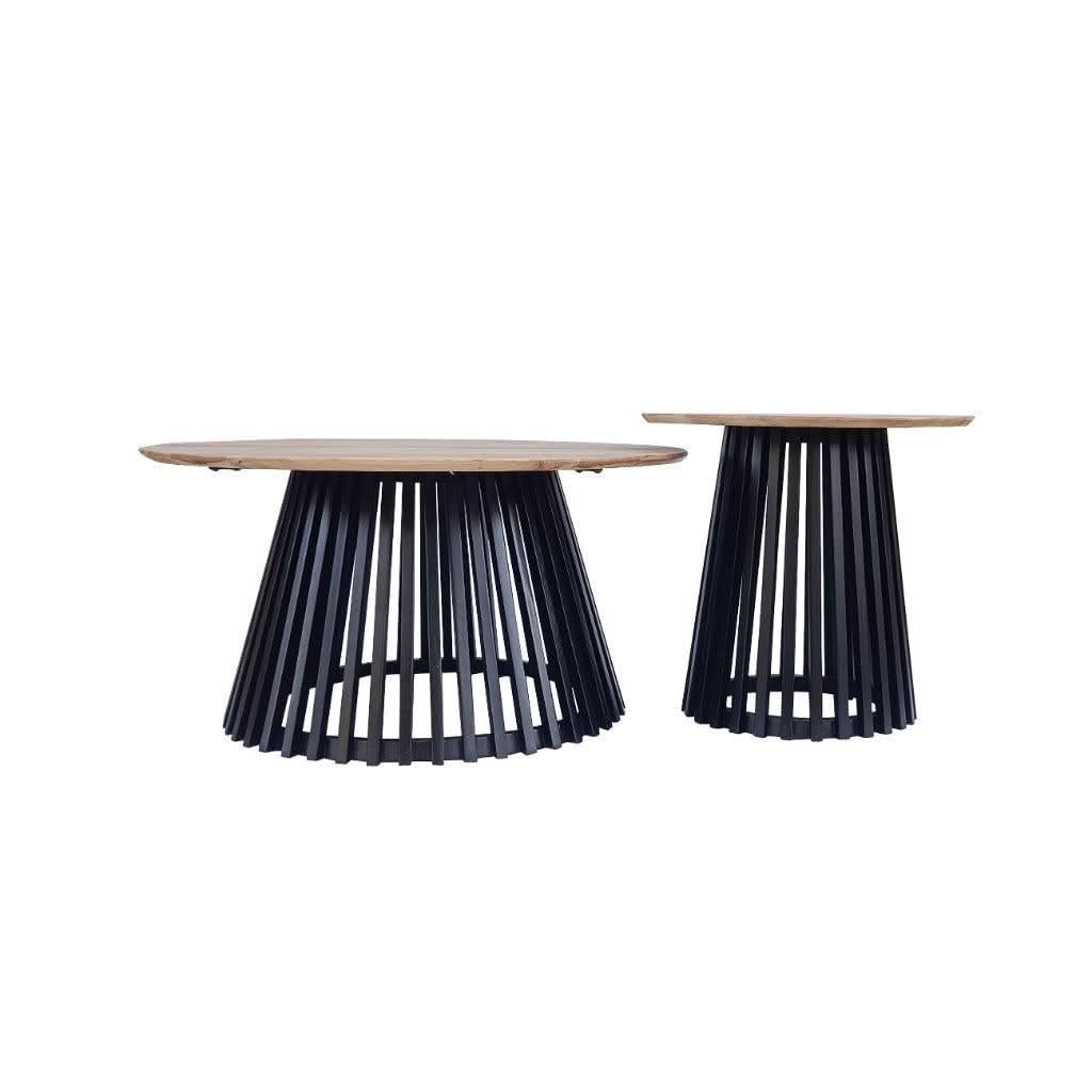 MILAN SET OF 2 COFFEE TABLES NATURAL TOPS WITH BLACK METAL LEGS
