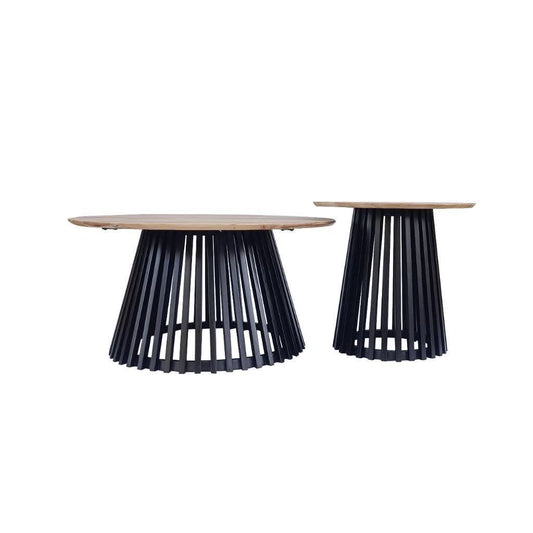 MILAN SET OF 2 COFFEE TABLES NATURAL TOPS WITH BLACK METAL LEGS