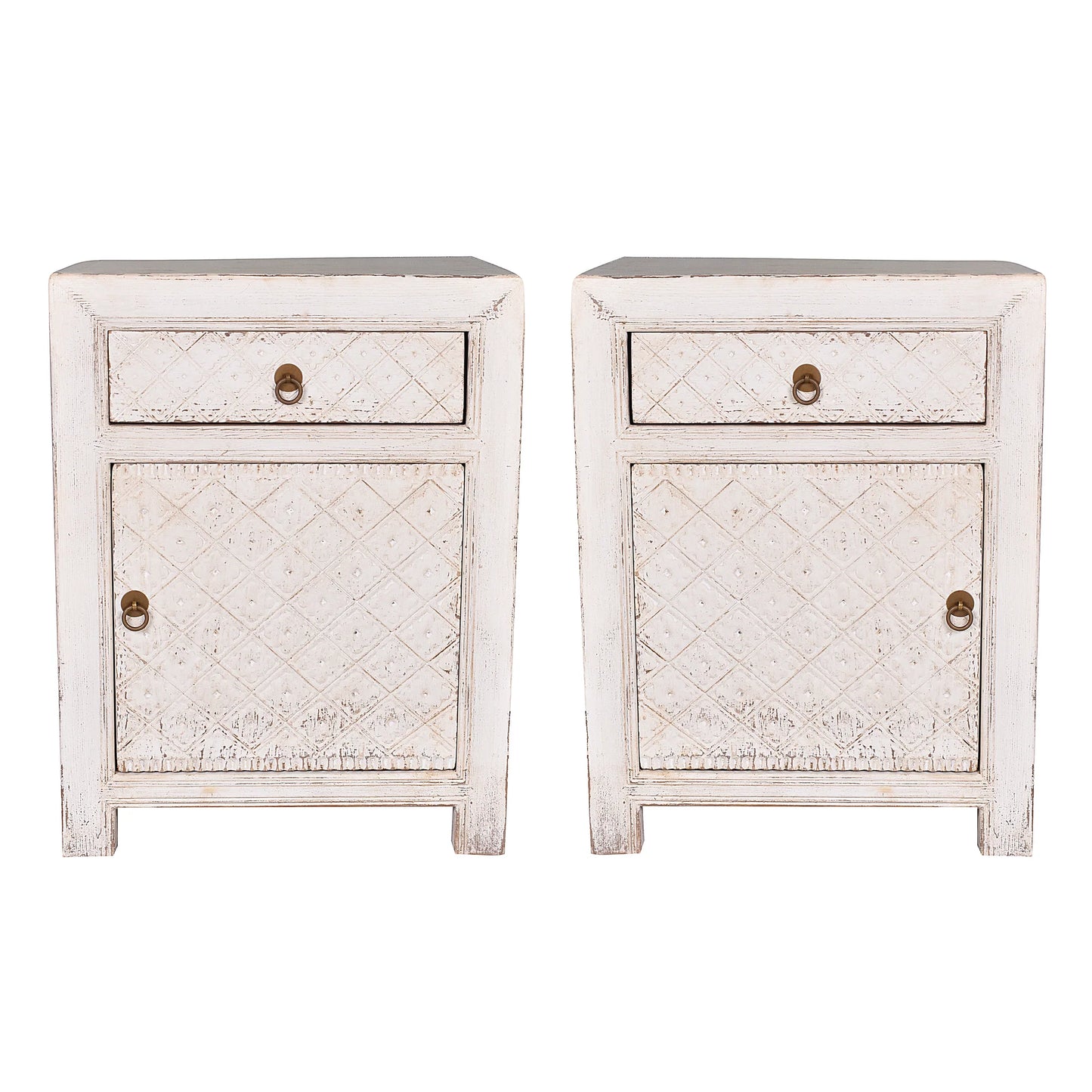 MAYLEEN PAIR OF RECLAIMED TIMBER BEDSIDE TABLES 1 DRAWER 1 DOOR WHITE