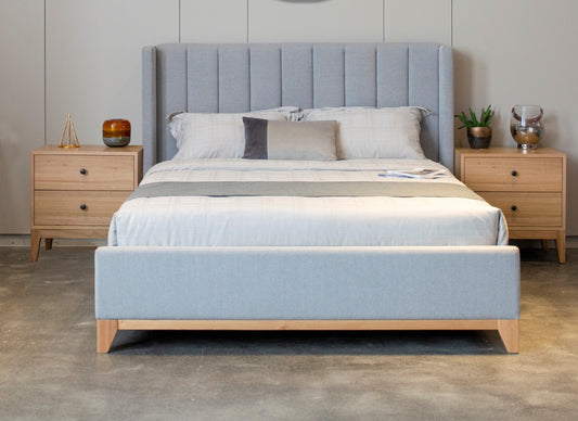 NERISSA DOUBLE BED WITH FABRIC VERTICAL PANEL HEADBOARD IN LIGHT GREY