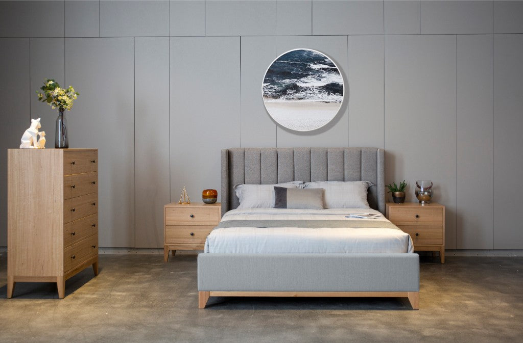 NERISSA QUEEN BED  WITH FABRIC VERTICAL PANEL HEADBOARD IN STORM